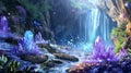 A serene waterfall flowing over radiant crystals,ethereal floating islands, magical. Generative Ai Royalty Free Stock Photo