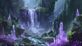 A serene waterfall flowing over radiant crystals,ethereal floating islands, magical. Generative Ai Royalty Free Stock Photo