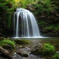 A serene waterfall flows over a rocky ledge surrounded by lush greenery. The water
