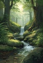 A serene waterfall flows between tall trees in a lush forest setting Royalty Free Stock Photo