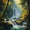 Serene Waterfall in Impressionist Art Style