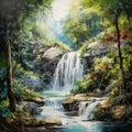 Serene Waterfall in Impressionist Art Style