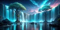Serene waterfall landscape with glowing trees at night. Generative AI Royalty Free Stock Photo
