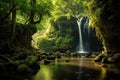 a serene waterfall in a lush green forest