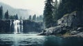 Serene Waterfall: Majestic Mountains, Tranquil Lake, And Misty Atmosphere Royalty Free Stock Photo