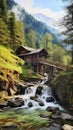 The serene waterfall near the wooden house in the mountains high