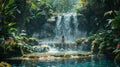 Serene waterfall oasis with person meditating