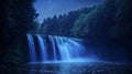 Serene Waterfall Under a Starry Night Sky Surrounded by Trees Royalty Free Stock Photo