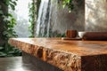 Serene Waterfall View from Rustic Wooden Table in Lush Green Jungle Environment