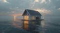 Serene waterfront cabin at dusk, perfect for solitude and reflection. calm sea, subtle colors illustrate peace. ideal