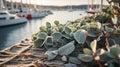 Frosted Seaside Plants on Rustic Rope near Yachts at Dawn Royalty Free Stock Photo