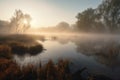 serene wetland at dawn with mist rising from the water