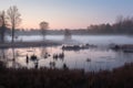serene wetland at dawn with mist rising from the water
