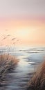 Serene Wetland: Sand Dune, Beach Grass, Foggy Shoreline, Soft Waves, Sunrise