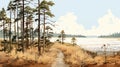 Serene Wetland Sketch: Pine Trees Along Water In Northwest School Style