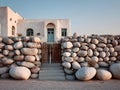 serene white adobe building stands behind a rustic wall of massive, rounded desert stones, featuring traditional arched windows Royalty Free Stock Photo