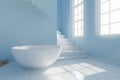 Serene white and blue bathroom interior with a round bathtub and sunlight Royalty Free Stock Photo