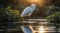 Snowy Egret Standing Gracefully in Calm Water at Sunset, a Serene Moment Royalty Free Stock Photo
