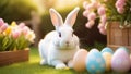 Serene White Rabbit Sitting Amongst Vibrant Easter Eggs and Spring Flowers