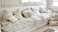 Serene white relaxation zone with comfortable textiles and decorative elements Royalty Free Stock Photo