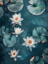Generative AI. Tranquil Water Lilies and Lily Pads Floating on a Calm Pond at Dusk Royalty Free Stock Photo