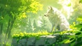 Majestic White Wolf Sitting on a Rock in a Sunlit Forest Royalty Free Stock Photo
