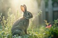 Wild rabbit in sunlit garden. Generative AI Royalty Free Stock Photo