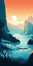 Serene Wilderness Illustration: Mountains, River, And Dark Cyan Amber Palette Royalty Free Stock Photo