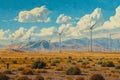Serene Wind Farm Landscape with Fluffy Clouds Over Mountains and Lush Plains Under Blue Sky Royalty Free Stock Photo