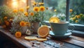 Serene window setting with a green cup of lemon tea among blooming yellow flowers on a rustic sill