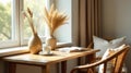 Serene windowside workspace with natural light and dried flowers in simple vases. Generative AI Royalty Free Stock Photo