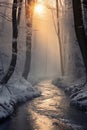 A serene winter creek meanders through a frost-kissed forest bathed in the golden light of sunrise