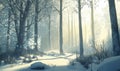 Serene winter forest landscape with snow-covered trees and soft sunlight Royalty Free Stock Photo