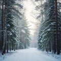 Serene Winter Forest Path with Snow-Covered Trees Royalty Free Stock Photo