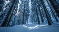 Snowy Winter Forest with Tall Pine Trees and Snow-covered Path Royalty Free Stock Photo