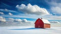 Serene winter landscape featuring a rustic red barn under a vivid blue sky with puffy clouds. Generative AI Royalty Free Stock Photo