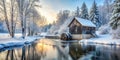 Serene winter landscape featuring a rustic watermill at sunrise. Generative AI Royalty Free Stock Photo