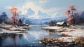 Beautiful Autumn Lake And Snowy Mountains Illustration Royalty Free Stock Photo