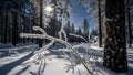 Snowcovered forest with frosty tree branches and trunks under sunny blue sky Royalty Free Stock Photo