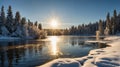 Majestic Winter Landscape: Sunlit River Flowing Through Snowy Forest Scenery Royalty Free Stock Photo
