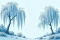 Serene winter landscape featuring two frost-covered weeping willows on a gently sloping hillside. Generative AI Royalty Free Stock Photo