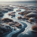 Serene Winter Landscape: Frozen Waterway Meandering Through Marshes