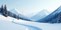 Serene winter landscape snow-covered mountains, evergreen trees, and a winding path through pristine white snow. Generative AI Royalty Free Stock Photo