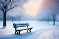 Serene Winter Landscape, A Solitary Bench Amidst Snow-Covered Trees in a Peaceful Park