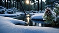 Sunlit Winter Wonderland: Snow-Kissed Pinecone and Forest Stream Royalty Free Stock Photo