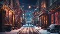 Winter night illuminated city street with snow covered sidewalks