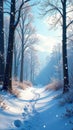 Serene winter pathway through a snow-covered forest with sunlight filtering through bare branches and footprints in the pristine Royalty Free Stock Photo