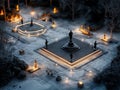 A serene winter scene featuring a beautifully lit square with statues surrounded by trees and soft glowing lights Royalty Free Stock Photo