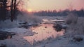Snowy River Landscape With Sunrise: A Photorealistic 35mm Kodak Film4k Shot