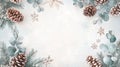 Winter Botanical Border With Evergreen Branches, Pinecones, and Snowflakes Royalty Free Stock Photo